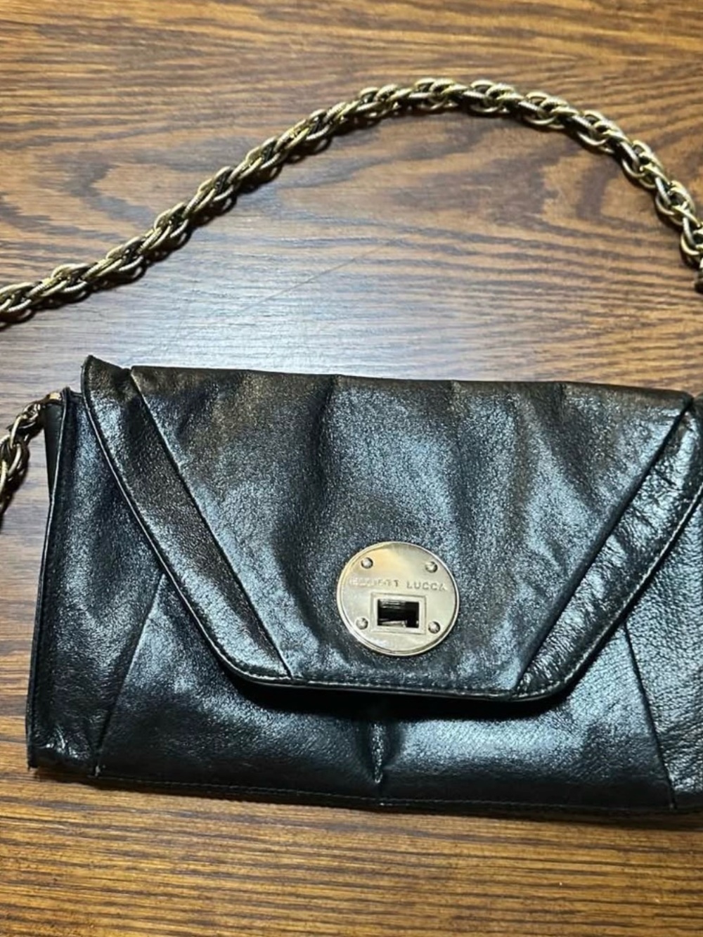 Elliott Lucca Black Leather Crossbody with Gold Chain